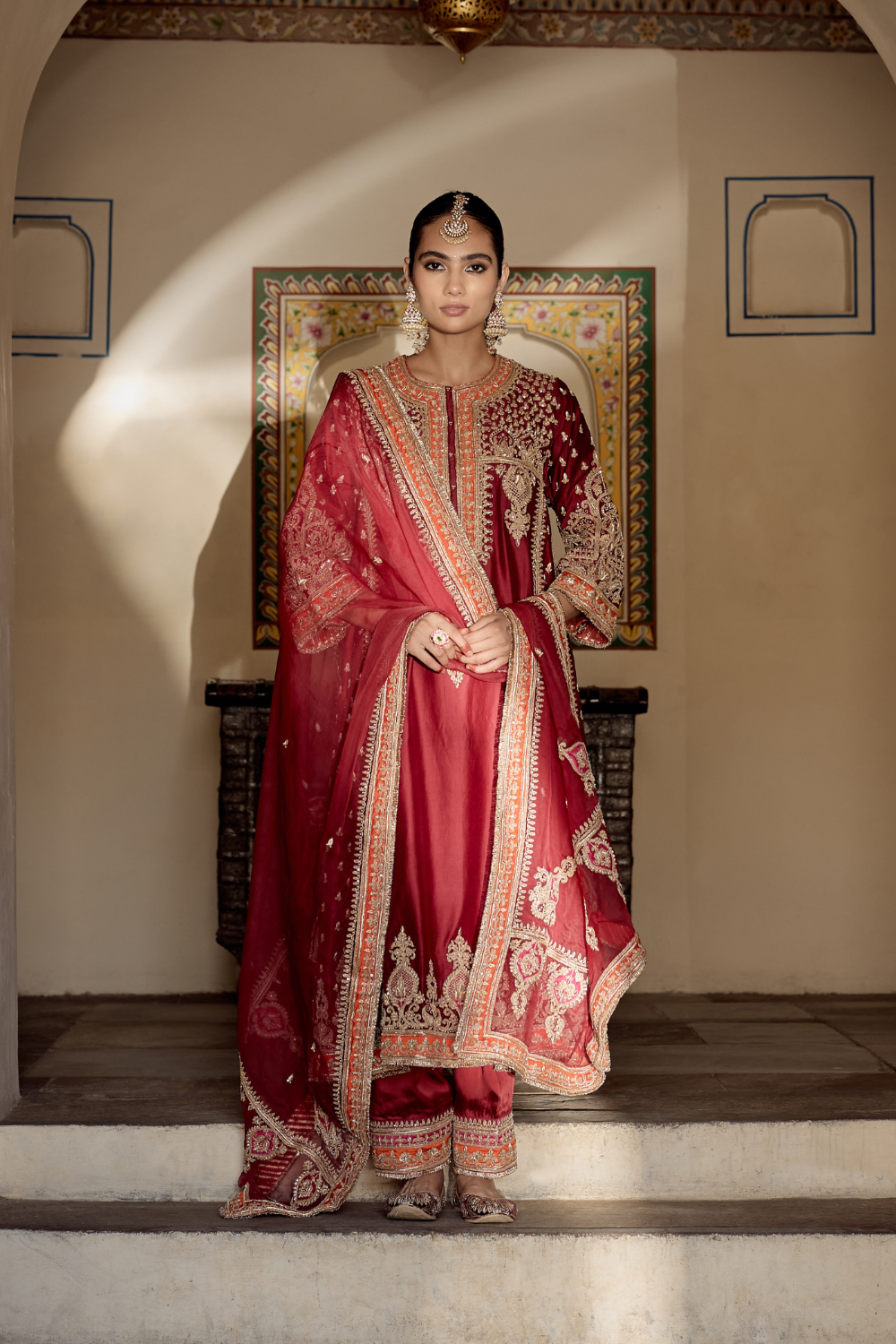 Zoya - Dabka Zardozi Embroidered Rich Banarasi Kalidaar Deep Red Long Chauga Set