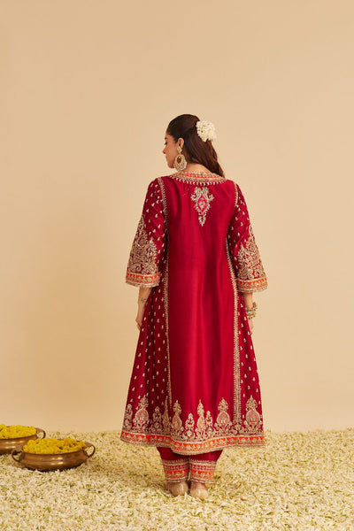 Zoya - Dabka Zardozi Embroidered Rich Banarasi Kalidaar Deep Red Long Chauga Set