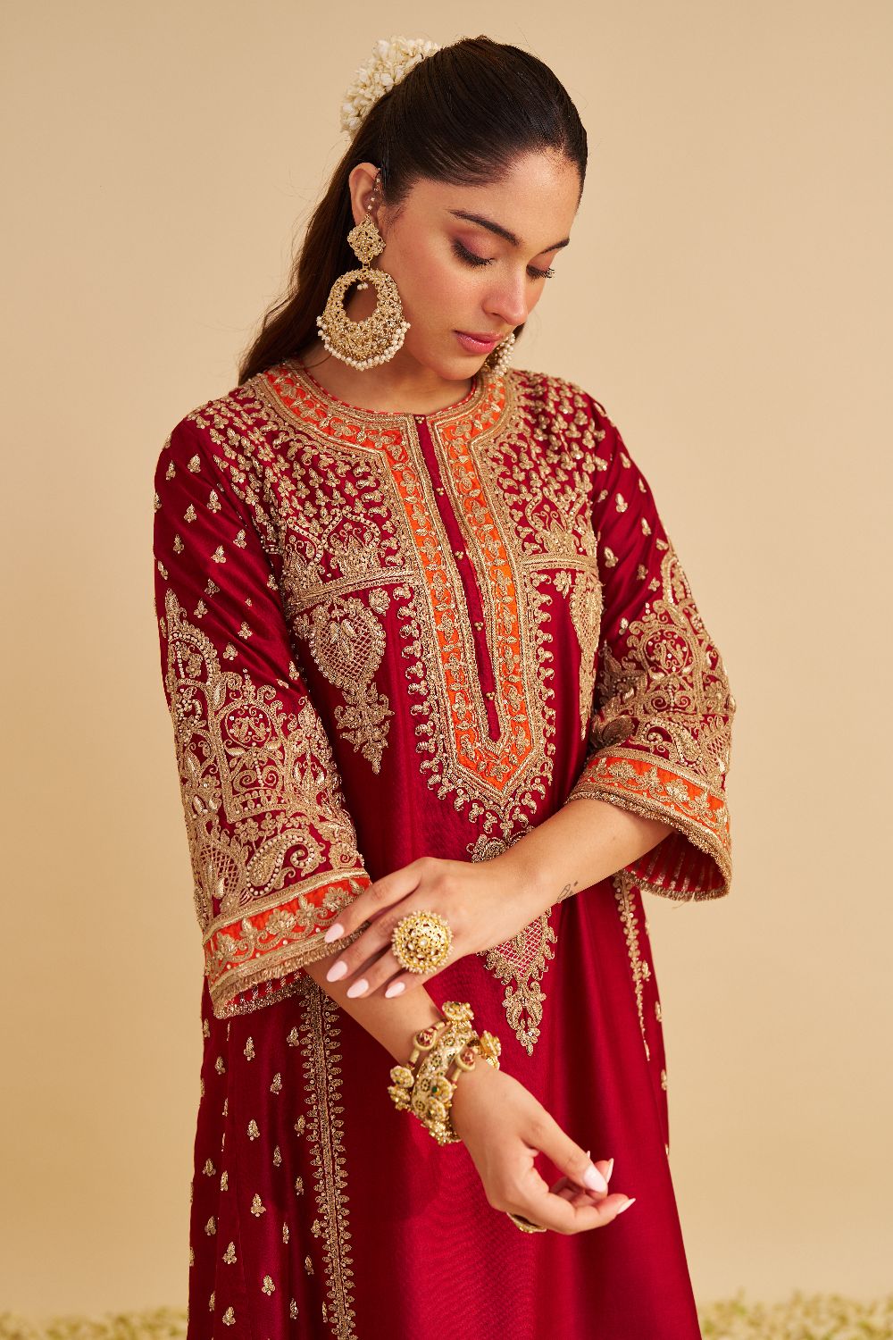 Zoya - Dabka Zardozi Embroidered Rich Banarasi Kalidaar Deep Red Long Chauga Set