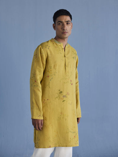 Ahan Floral Printed Kurta with Embroidered Collar - Ochre