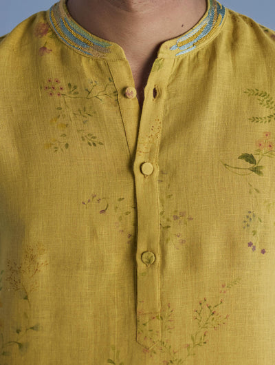 Ahan Floral Printed Kurta with Embroidered Collar - Ochre
