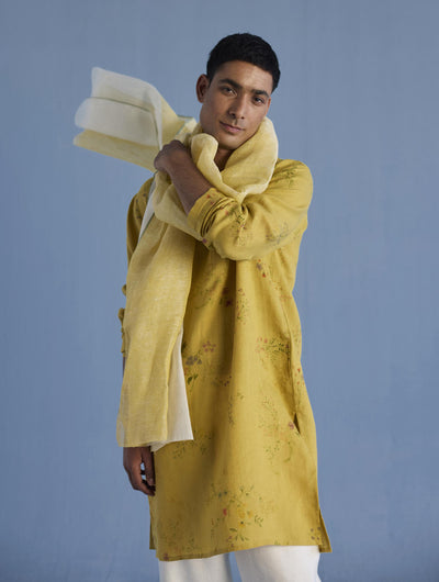Ahan Floral Printed Kurta with Embroidered Collar - Ochre