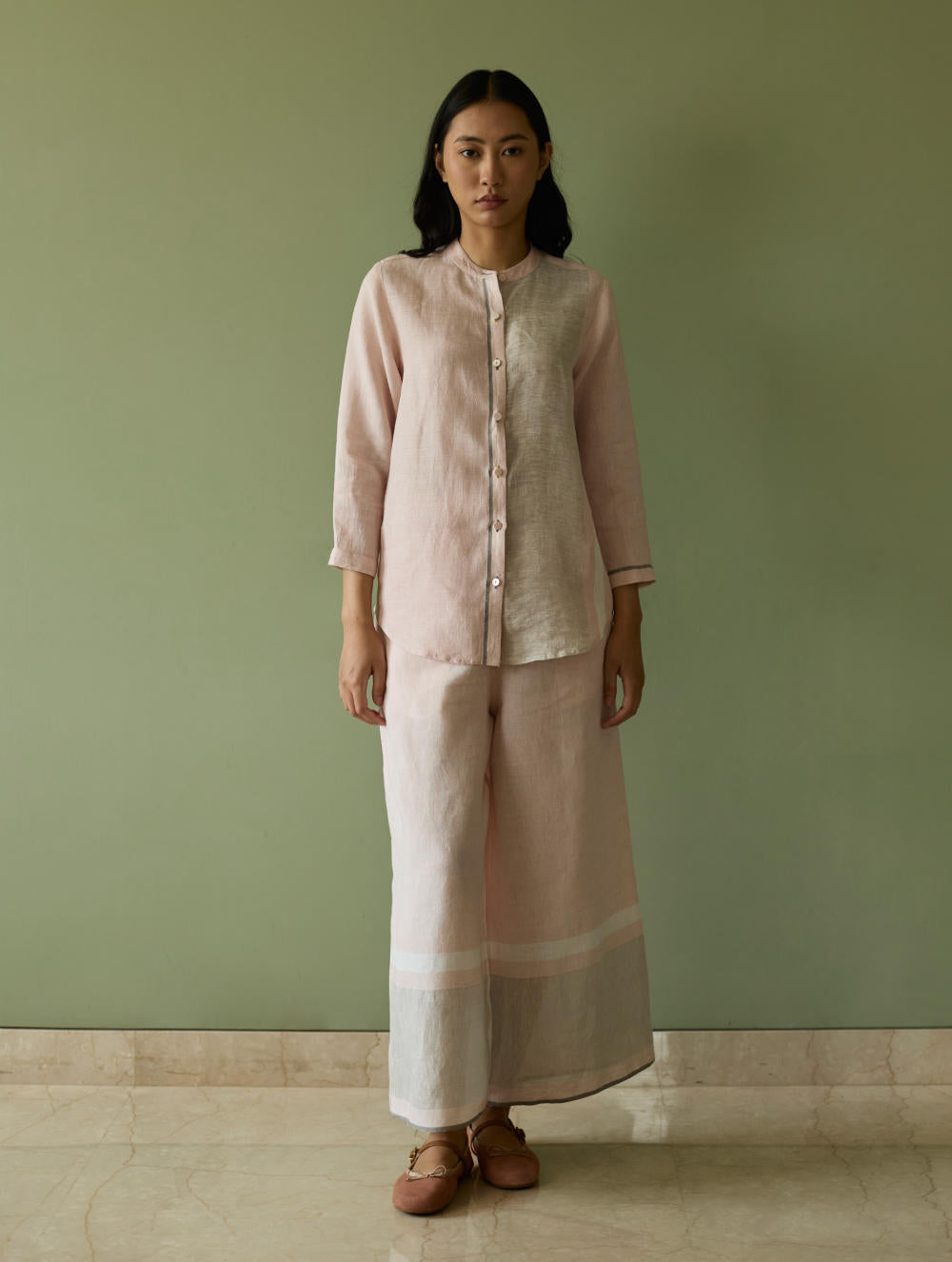 Aline Mandarin Collar Border Linen Shirt-Blush