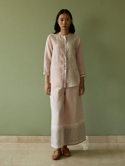Aline Mandarin Collar Border Linen Shirt-Blush