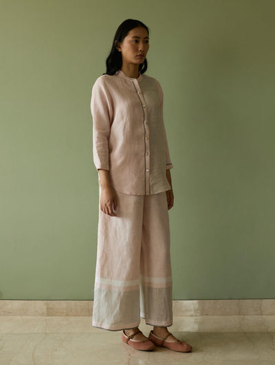 Aline Mandarin Collar Border Linen Shirt-Blush