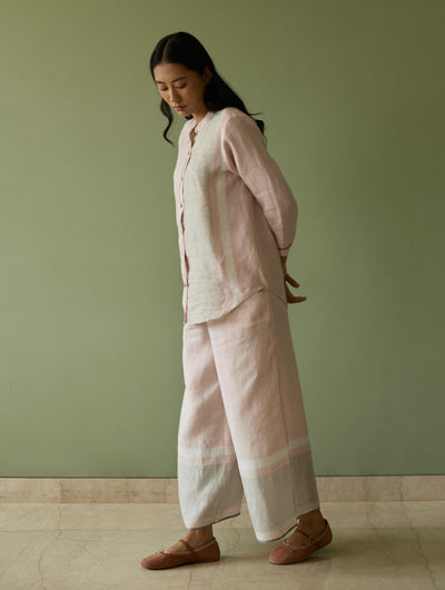 Aline Mandarin Collar Border Linen Shirt-Blush