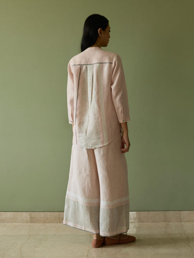Aline Mandarin Collar Border Linen Shirt-Blush