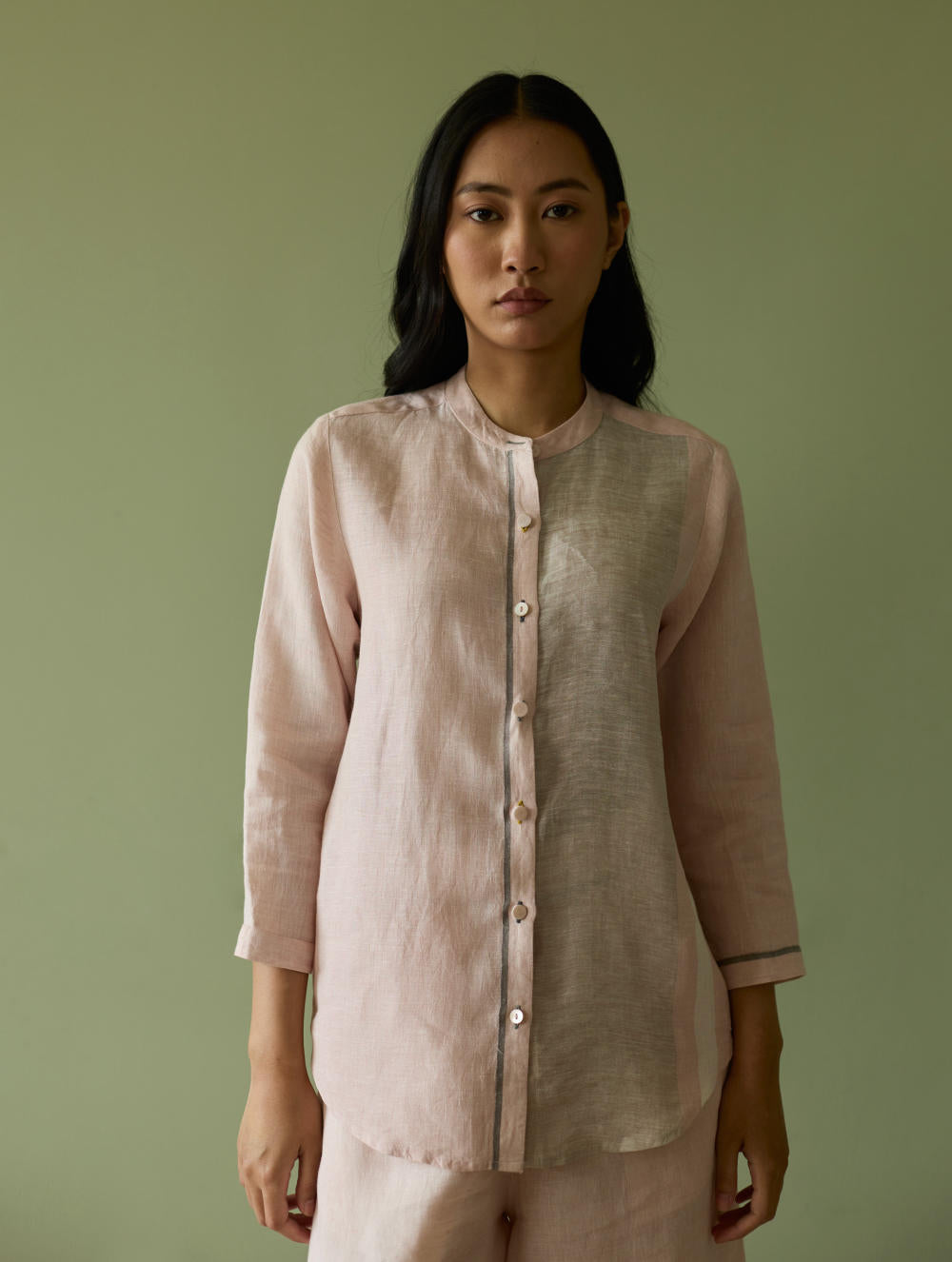 Aline Mandarin Collar Border Linen Shirt-Blush