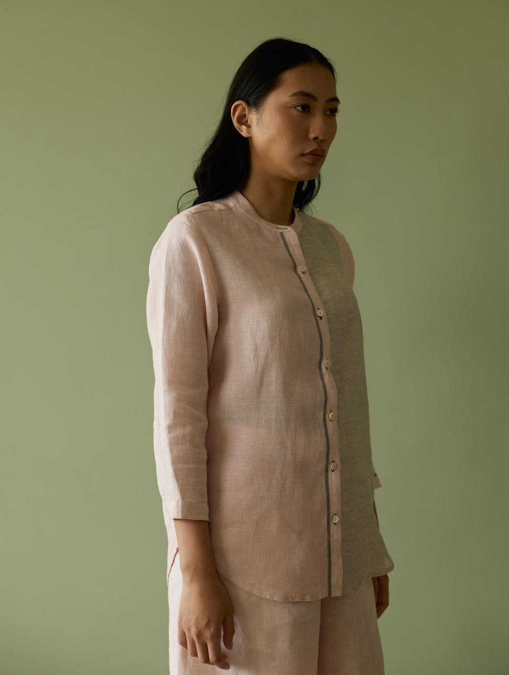 Aline Mandarin Collar Border Linen Shirt-Blush