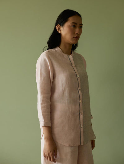 Aline Mandarin Collar Border Linen Shirt-Blush