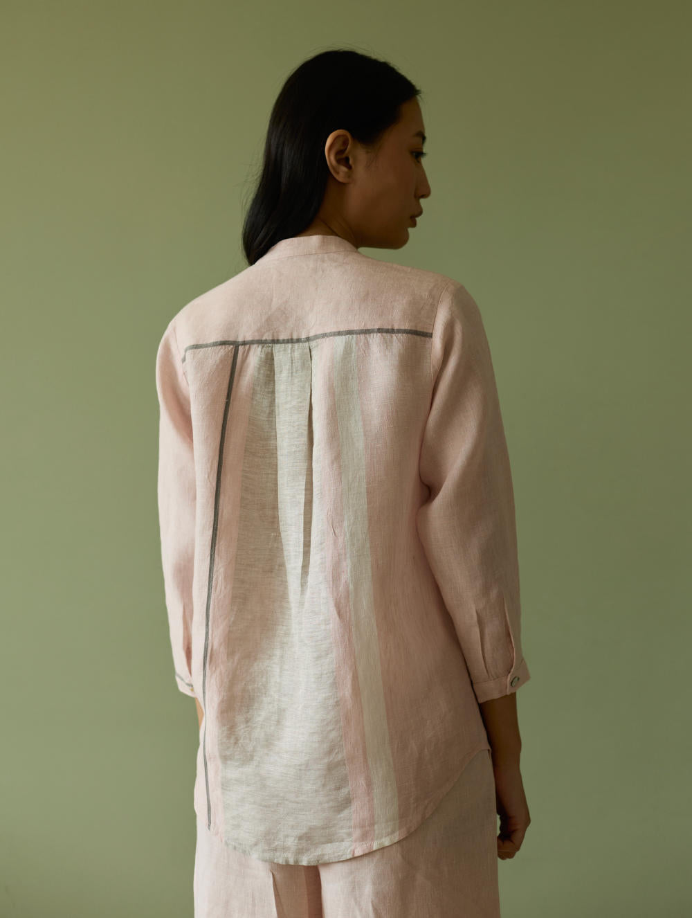 Aline Mandarin Collar Border Linen Shirt-Blush