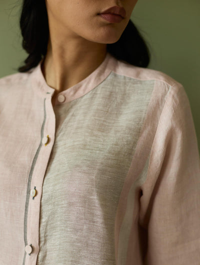 Aline Mandarin Collar Border Linen Shirt-Blush