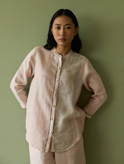 Aline Mandarin Collar Border Linen Shirt-Blush
