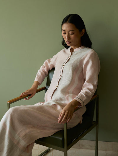 Aline Mandarin Collar Border Linen Shirt-Blush