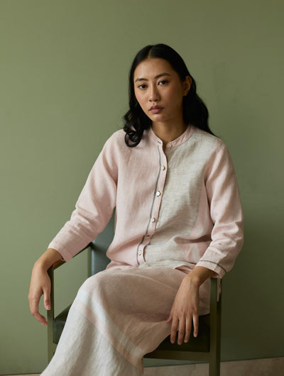 Aline Mandarin Collar Border Linen Shirt-Blush