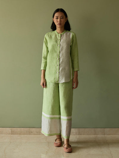 Aline Mandarin Collar Border Linen Shirt-Meadow