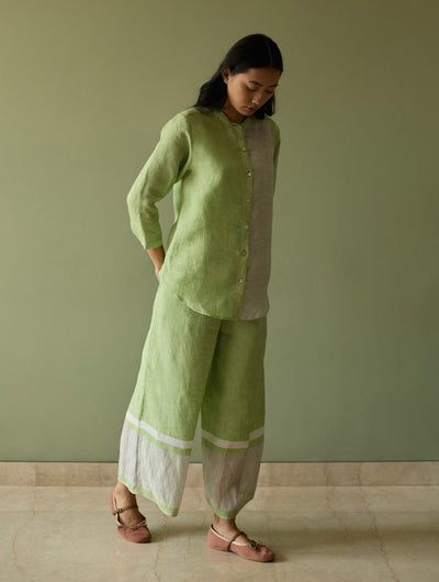 Aline Mandarin Collar Border Linen Shirt-Meadow