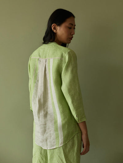 Aline Mandarin Collar Border Linen Shirt-Meadow