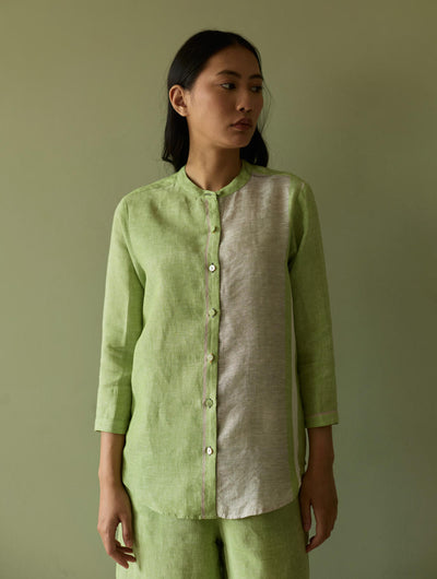 Aline Mandarin Collar Border Linen Shirt-Meadow