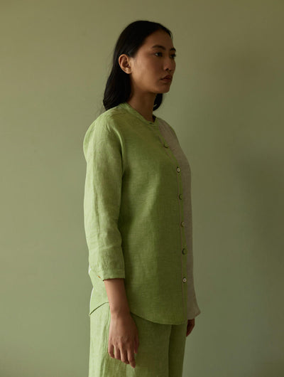 Aline Mandarin Collar Border Linen Shirt-Meadow