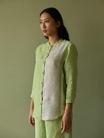 Aline Mandarin Collar Border Linen Shirt-Meadow