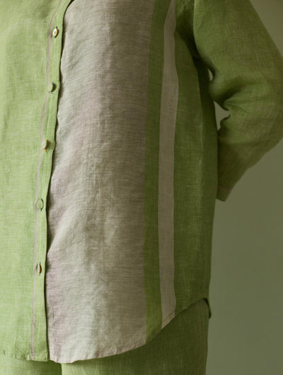 Aline Mandarin Collar Border Linen Shirt-Meadow