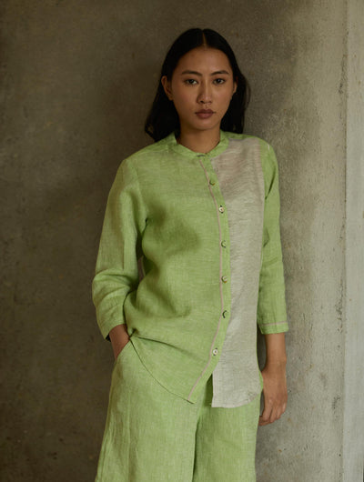Aline Mandarin Collar Border Linen Shirt-Meadow