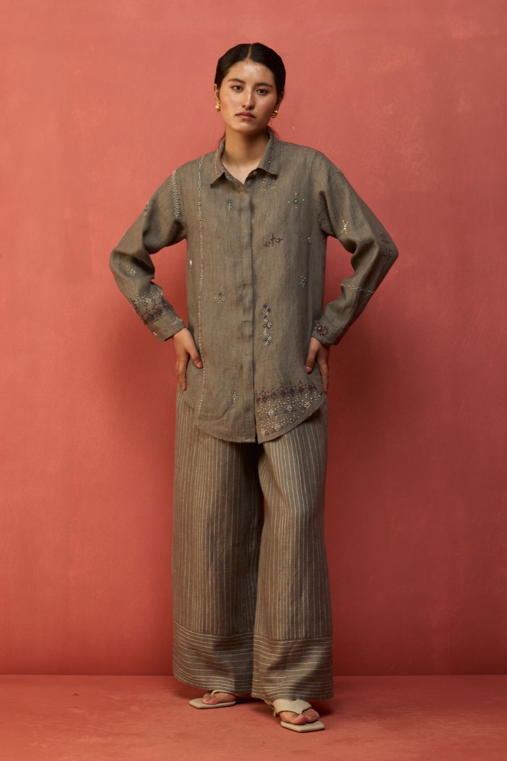 Kira Hand-Embroidered Linen Co-ord Set - Grey