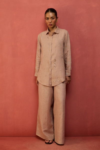 Kiera Cuban Collar Stripe Linen Co-ord Set - Dusty Rose