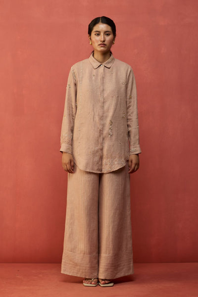 Kiera Cuban Collar Stripe Linen Co-ord Set - Dusty Rose