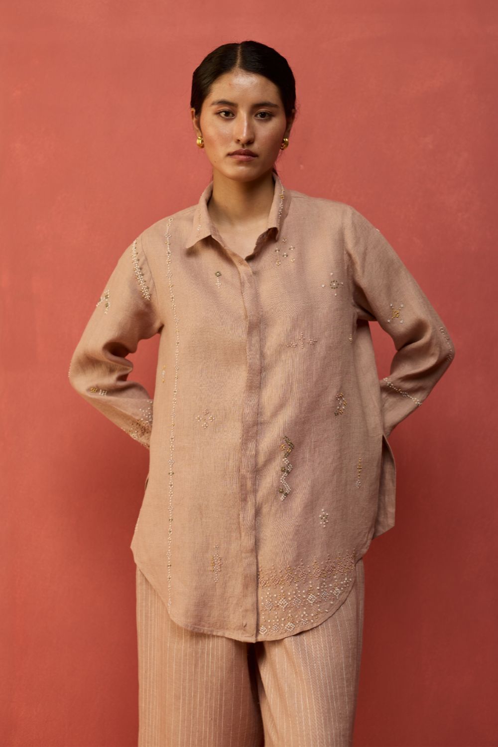 Kiera Cuban Collar Stripe Linen Co-ord Set - Dusty Rose