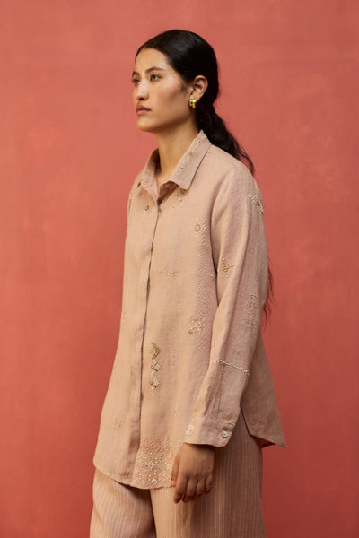 Kiera Cuban Collar Stripe Linen Co-ord Set - Dusty Rose