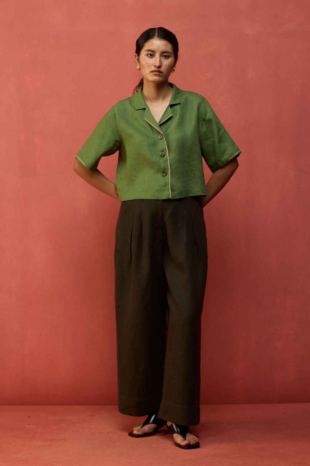 Kiera Cuban Collar Linen Co-ord Set - Fern Green