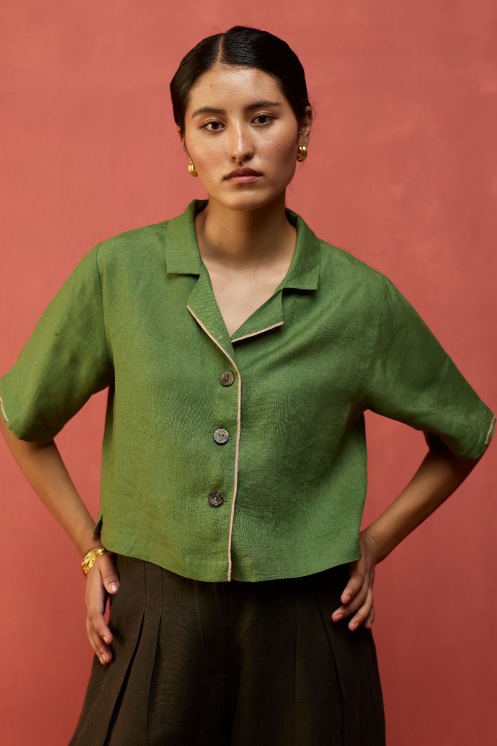 Kiera Cuban Collar Linen Co-ord Set - Fern Green