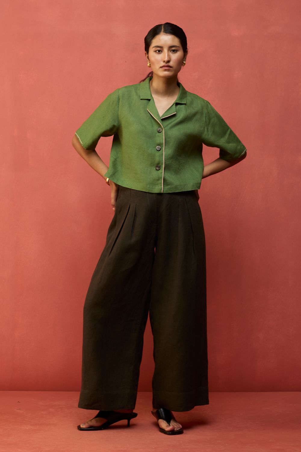 Kiera Cuban Collar Linen Co-ord Set - Fern Green