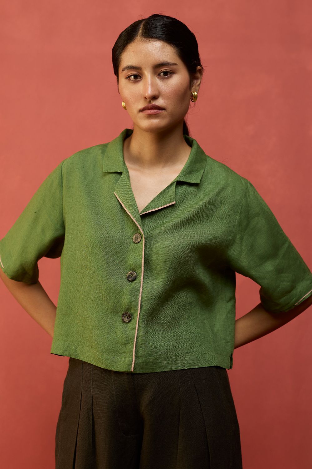 Kiera Cuban Collar Linen Co-ord Set - Fern Green