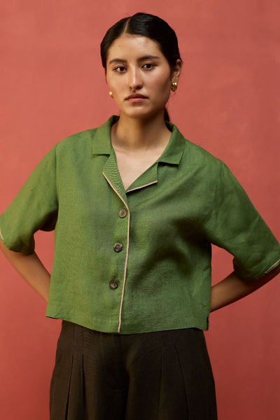 Kiera Cuban Collar Linen Co-ord Set - Fern Green