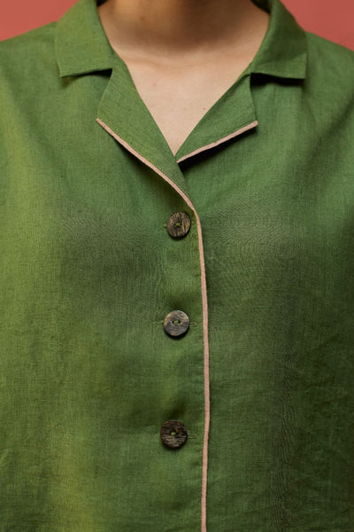 Kiera Cuban Collar Linen Co-ord Set - Fern Green