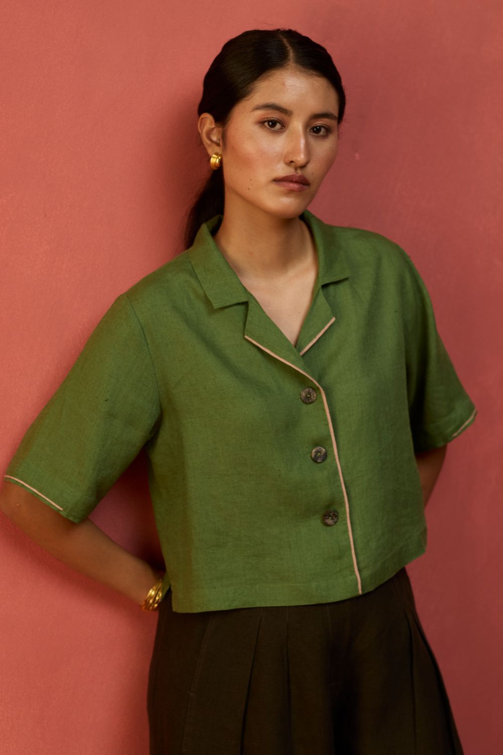 Kiera Cuban Collar Linen Co-ord Set - Fern Green
