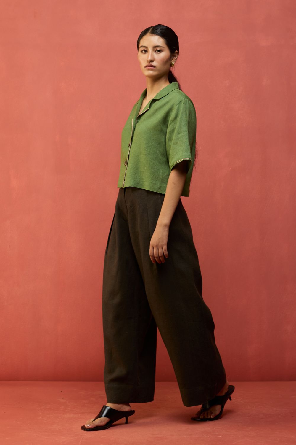 Kiera Cuban Collar Linen Co-ord Set - Fern Green