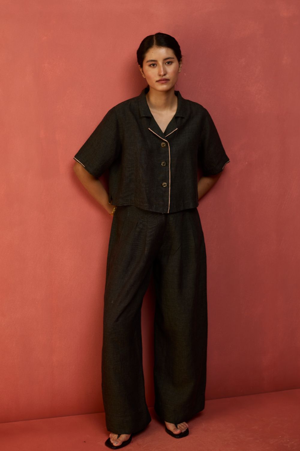 Kiera Cuban Collar Linen Co-ord Set - Charcoal