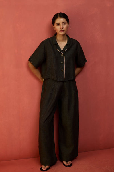 Kiera Cuban Collar Linen Co-ord Set - Charcoal
