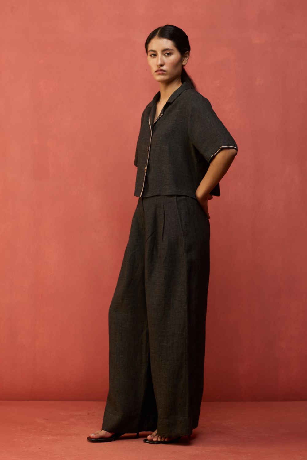 Kiera Cuban Collar Linen Co-ord Set - Charcoal