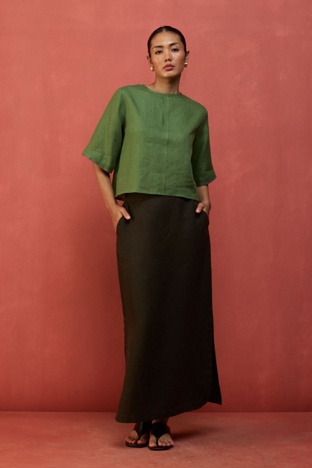 Mariko Cropped Linen Co-ord Set - Fern Green
