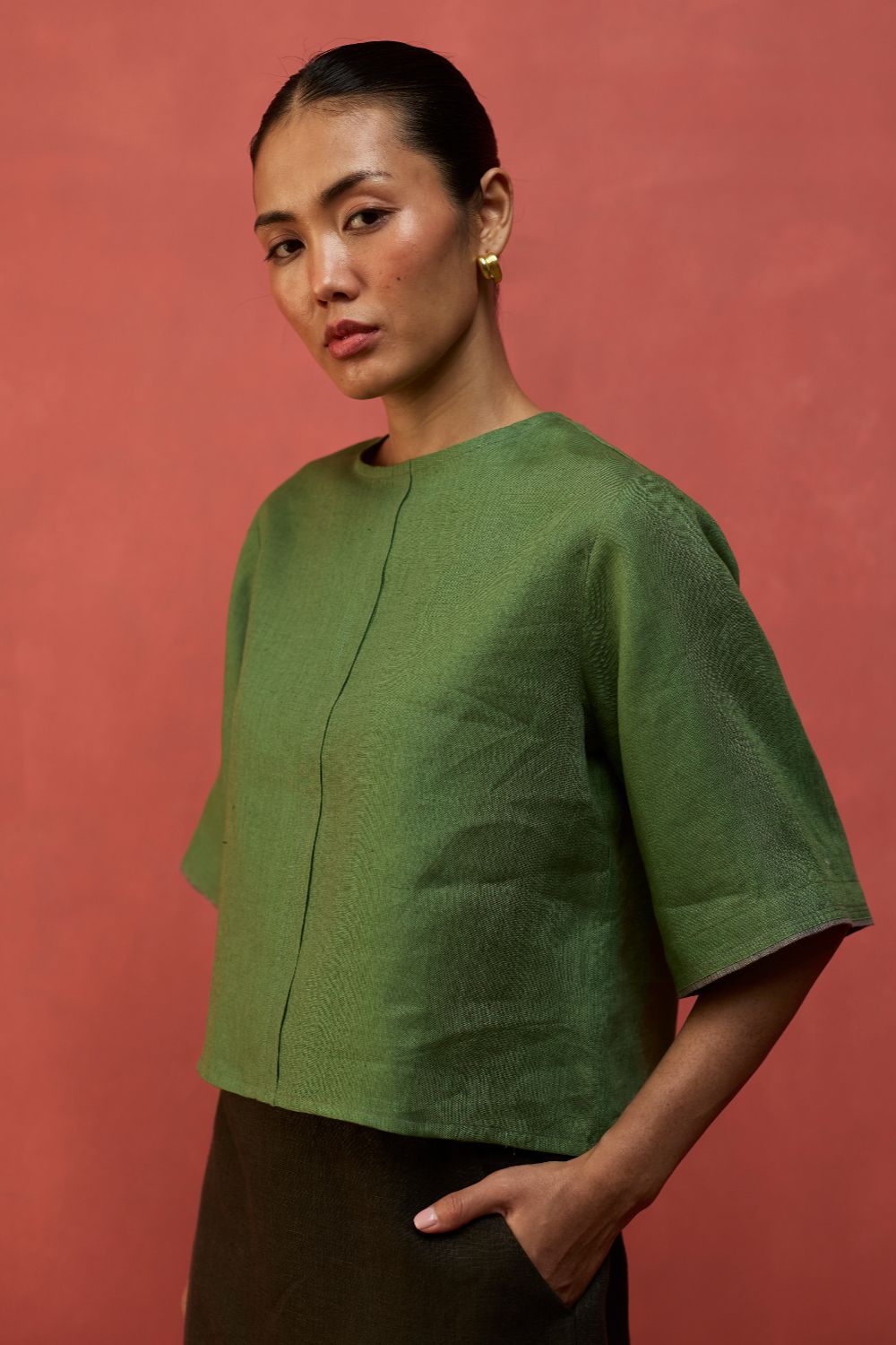 Mariko Cropped Linen Co-ord Set - Fern Green
