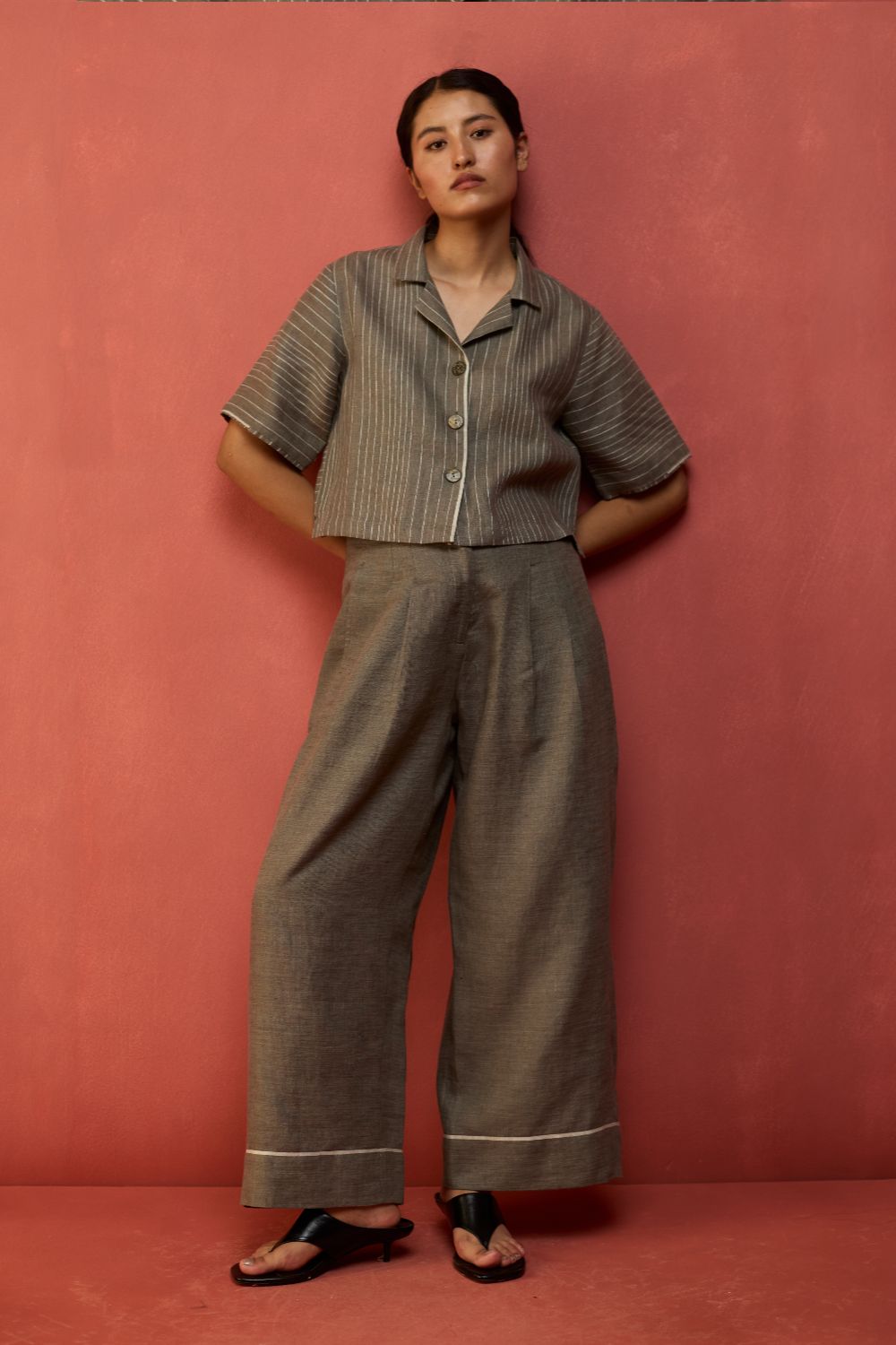 Shiro Stripe Linen Co-ord Set - Grey