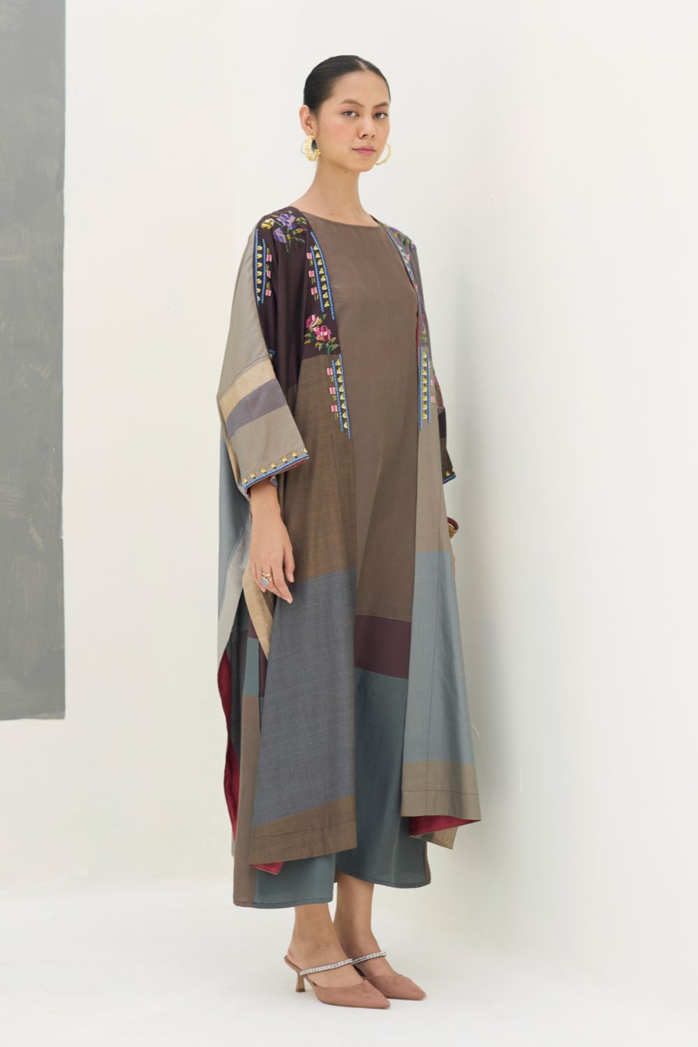 Darri Hand-Embroidered Overlay with Mulberry Silk Dress - Taupe Grey
