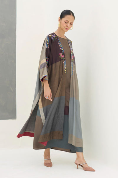 Darri Hand-Embroidered Overlay with Mulberry Silk Dress - Taupe Grey