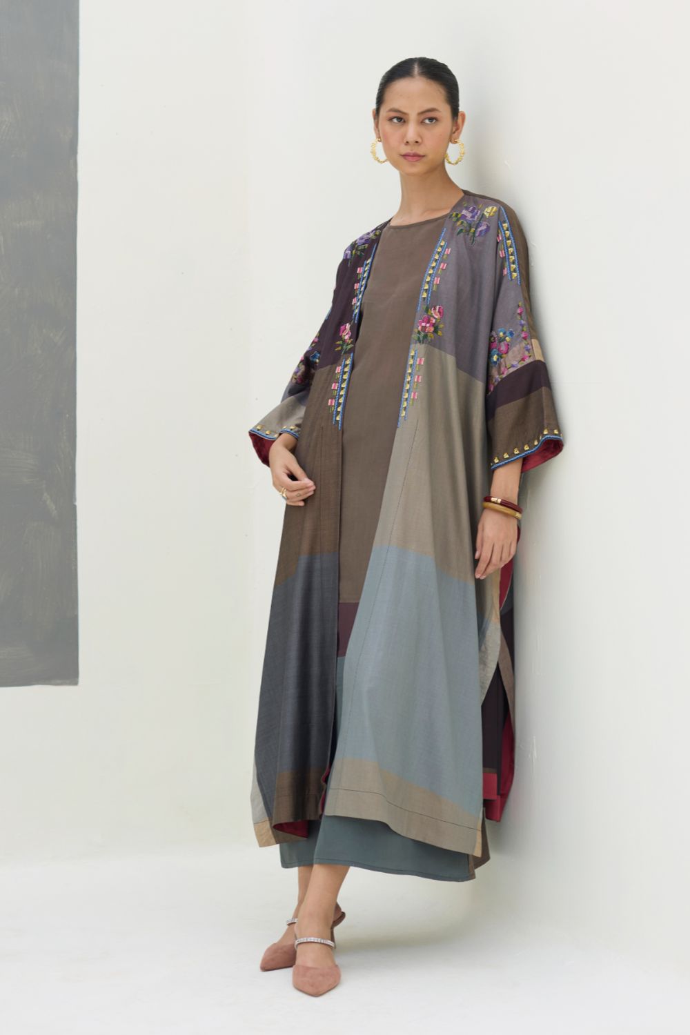 Darri Hand-Embroidered Overlay with Mulberry Silk Dress - Taupe Grey