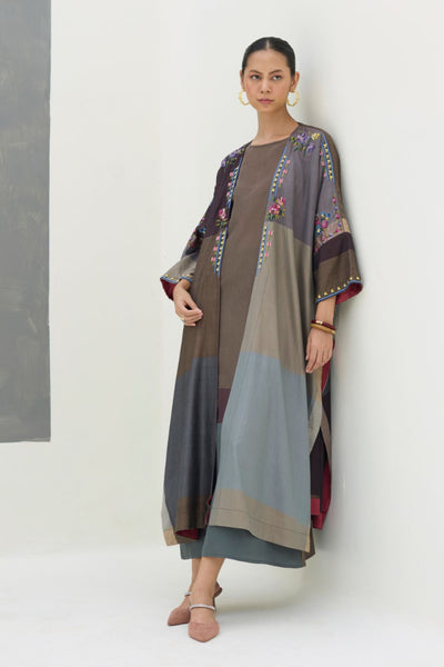 Darri Hand-Embroidered Overlay with Mulberry Silk Dress - Taupe Grey